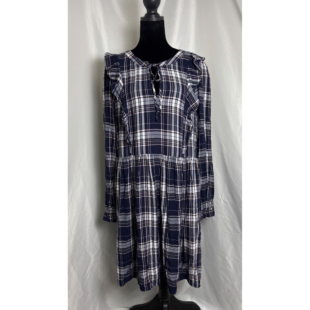 LOFT Plaid Babydoll Dress Women Medium Navy Blue Excellent Ruffle Long Sleeve